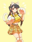  1girl animal_ears arms_up bell bella_(some_witty_user) black_eyes black_hair blush cat_ears cat_girl cat_lingerie cat_paws commentary dot_mouth dot_nose english_commentary highres jingle_bell knees_together komi-san_wa_komyushou_desu komi_shouko legs_together long_hair looking_at_viewer low_twintails meme_attire midriff motion_lines navel nyan over-kneehighs paw_pose paws plaid plaid_skirt raglan_sleeves revision simple_background skirt solo standing thigh-highs thighs tired twintails white_legwear white_tail wide_sleeves yellow_background yellow_crop_top yellow_skirt 