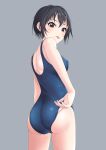  1girl :p absurdres adjusting_clothes adjusting_swimsuit ass back bangs black_hair blue_swimsuit blush breasts covered_nipples cowboy_shot from_behind highres looking_at_viewer looking_back new_school_swimsuit one-piece_swimsuit original school_swimsuit short_hair shoulder_blades simple_background solo standing swimsuit t.r tongue tongue_out twisted_torso 