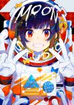  1girl :d astronaut blue_eyes blush character_request double_v gloves hands_up highres looking_at_viewer mika_pikazo multicolored multicolored_eyes open_mouth red_eyes smile solo space_helmet the_moon_studio upper_body v white_gloves 