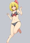  1girl :3 absurdres barefoot bikini black_bikini blonde_hair blush bow bow_bikini breasts bright_pupils closed_mouth collarbone commentary_request eyebrows_visible_through_hair feet front-tie_top full_body grey_background hair_ribbon highres looking_at_viewer medium_breasts navel red_eyes red_ribbon ribbon rumia short_hair simple_background solo suwaneko swimsuit touhou 