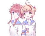  2girls angelic_layer antenna_hair bangs blue_eyes blue_sailor_collar brown_hair cardcaptor_sakura closed_mouth creator_connection crown green_eyes highres kinomoto_sakura looking_at_viewer mokku_(ak0207) multiple_girls open_mouth sailor_collar school_uniform short_hair short_hair_with_long_locks sidelocks smile suzuhara_misaki upper_body 