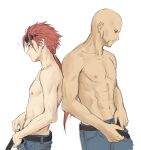 2boys abs back-to-back bald bangs bare_arms belt black_belt chest commentary_request denim earrings facing_to_the_side final_fantasy final_fantasy_vii final_fantasy_vii_remake from_side goggles goggles_on_head highres jeans jewelry male_focus mondi_hl multiple_boys muscle navel nipples pants ponytail redhead reno_(ff7) rude_(ff7) shirtless simple_background 