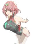  1girl alternate_costume blush breasts competition_swimsuit earrings gem jewelry large_breasts looking_at_viewer mitsugu one-piece_swimsuit pyra_(xenoblade) red_eyes redhead short_hair simple_background swimsuit thighs tiara white_background xenoblade_chronicles_(series) xenoblade_chronicles_2 