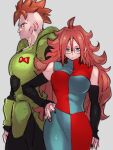  1boy 1girl android_16 android_21 black_nails blue_eyes breasts checkered checkered_dress dragon_ball dragon_ball_fighterz dragon_ball_z dress earrings glasses grey_background hair_between_eyes hand_on_hip hoop_earrings jewelry kemachiku large_breasts long_hair looking_at_viewer nail_polish red_ribbon_army redhead short_hair simple_background 