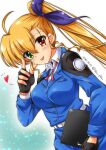  blonde_hair breasts dutch_angle extra_breasts glasses green_eyes heterochromia holding long_hair lyrical_nanoha mahou_shoujo_lyrical_nanoha_vivid ponytail red_eyes san-pon tongue tongue_out vivio 