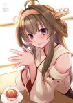  1girl ahoge bare_shoulders brown_hair cup dated detached_sleeves double_bun eyebrows_visible_through_hair hakama_skirt hands_together head_tilt headgear highres kantai_collection kongou_(kantai_collection) long_hair looking_at_viewer mashiro_yukiya nontraditional_miko remodel_(kantai_collection) signature sitting smile solo teacup upper_body violet_eyes 