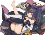 1girl absurdres animal_ears ass bangs bare_shoulders barefoot black_dress black_gloves blue_eyes blunt_bangs breasts can chips chopsticks detached_sleeves dress drink drinking_straw eyebrows_visible_through_hair floating fluf.p food fur_choker gloves halo highres holding hololive hololive_english kimetsu_no_yaiba legs_up levitation long_hair lying manga_(object) ninomae_ina&#039;nis nintendo_switch on_back panties pointy_ears potato_chips purple_hair ramen single_thighhigh small_breasts solo sprite_(drink) strapless strapless_dress tentacle_hair tentacles thigh-highs tiara underwear virtual_youtuber white_legwear white_panties
