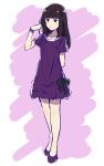  1girl arm_behind_back bangs black_bow blunt_bangs bow bracelet brown_hair closed_mouth dress full_body hand_up highres hime_cut ichiko_(osomatsu-san) jewelry long_hair necklace osomatsu-san pink_background purple_dress purple_footwear sekina shoes solo standing 