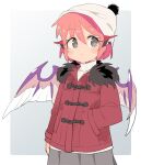  1girl animal_ears beanie blush commentary_request cowboy_shot earrings fur_collar grey_eyes grey_skirt hand_in_pocket hat ini_(inunabe00) jacket jewelry long_sleeves looking_at_viewer mystia_lorelei pink_hair pom_pom_(clothes) red_jacket short_hair skirt solo touhou white_headwear wings winter_clothes 