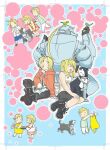  1girl 2boys 5kawa8gi :d ^_^ age_comparison alphonse_elric animal animal_on_head ankle_boots apron aqua_background arm_support armor automail bent_over bird bird_on_hand bird_on_head black_footwear black_gloves black_skirt blonde_hair blue_shorts blush blush_stickers boots border chibi child closed_eyes commentary_request cookie cross-laced_footwear crossed_ankles cup den_(fma) dog dot_nose dress eating edward_elric facing_away floral_print food food_in_mouth full_body fullmetal_alchemist gloves happy indian_style jacket jar laughing looking_at_animal looking_at_another looking_back looking_down multiple_boys no_nose on_head open_mouth outline outstretched_arm oven_mitts pants polka_dot polka_dot_background ponytail profile red_dress red_jacket sandals shirt short_hair shorts sidelocks simple_background sitting skirt smile socks striped striped_shirt teacup teenage tray vertical-striped_shirt vertical_stripes walking white_border white_footwear white_gloves white_legwear white_outline white_pants winry_rockbell yellow_apron younger |_| 