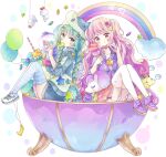  2girls absurdres animal_ears animal_hat arrow_(projectile) arrow_through_heart balloon bandaid blue_hair blue_hoodie blue_legwear braid candy candy_hair_ornament candy_wrapper chewing_gum clouds commentary double_scoop fake_animal_ears food food_themed_hair_ornament frilled_pillow frills fruit glasses green_eyes green_hair green_headwear hair_ornament hat heart heart-shaped_eyewear heart_hair_ornament highres holding holding_food hood hood_down hoodie ice_cream ice_cream_cone jacket knees_up lollipop long_hair multicolored_hair multiple_girls original pillow pink_hair pink_skirt pleated_skirt purple_footwear purple_jacket rainbow shirt shoes skirt star_(symbol) strawberry streaked_hair striped striped_legwear stuffed_animal stuffed_giraffe stuffed_toy stuffed_unicorn swirl_lollipop symbol_commentary teruterubouzu thigh-highs tsukiyo_(skymint) twin_braids twintails very_long_hair violet_eyes white_background white_footwear white_legwear white_shirt 