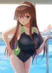  .live blurry blurry_background blush brown_hair collarbone competition_swimsuit hair_between_eyes headband highres long_hair looking_at_viewer navel one-piece_swimsuit open_mouth pool red_eyes swimsuit tipo_(tipoplaza) virtual_youtuber wet yaezawa_natori 