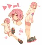  1girl alternate_costume arms_behind_back casual cat_slippers copyright_name doki_doki_literature_club hair_down hair_ornament hairclip heart looking_at_viewer multiple_views natsuki_(doki_doki_literature_club) no_pants paw_print pink_eyes pink_hair shirt short_hair short_sleeves simple_background slippers smirk sora_(efr) two_side_up white_background white_shirt 