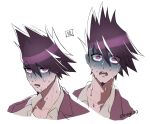  1boy artist_name dangan_ronpa expressions facial_hair goatee grey_shirt jacket jacket_on_shoulders looking_at_viewer male_focus momota_kaito multiple_views nagi_to_(kennkenn) new_dangan_ronpa_v3 open_mouth pink_jacket shaded_face shirt simple_background spiky_hair sweat symbol_commentary violet_eyes white_background wide-eyed 