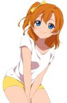  1girl between_legs blue_eyes bow closed_mouth cowboy_shot hair_bow hand_between_legs highres kousaka_honoka looking_at_viewer love_live! love_live!_school_idol_project one_side_up orange_eyes sekina shirt short_sleeves shorts simple_background smile solo white_background white_shirt yellow_bow yellow_shorts 