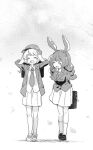  2girls alternate_costume animal_ears arms_behind_head bag bag_charm black_footwear blazer cabbie_hat charm_(object) cherry_blossoms closed_eyes commentary crescent crescent_moon_pin ear_clip full_body grey_jacket greyscale hat highres holding holding_bag jacket lapel_pin long_hair long_sleeves loose_necktie low_twintails monochrome multiple_girls necktie open_mouth petals pleated_skirt rabbit_ears rabbit_girl ringo_(touhou) seiran_(touhou) shirt shoes short_hair skirt smile sneakers socks tanasuke touhou tree_branch twintails walking white_background white_footwear white_shirt white_skirt 