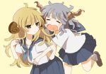  2girls blonde_hair blue_neckwear blue_sailor_collar blue_skirt blush brown_eyes brown_footwear character_request commentary_request copyright_request dot_nose frown grey_hair horns loafers long_hair manmi multiple_girls neckerchief open_mouth pleated_skirt sailor_collar school_uniform serafuku sheep_horns shirt shoes short_sleeves simple_background skirt socks white_legwear white_shirt yawning yellow_background 