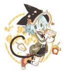  1girl ahoge aida_(aidia) animal_hat aqua_eyes aqua_hair bad_id bad_tumblr_id bandaid bandaid_on_face black_choker black_headwear black_hoodie black_legwear blush_stickers bracelet cat_hat cat_tail choker cup disposable_cup english_text food food_on_face french_fries full_body green_jacket hamburger hat heart high_tops highres holding holding_food hood hoodie jacket jewelry letterman_jacket long_sleeves looking_at_viewer mint-chan open_mouth original red_footwear short_hair short_twintails socks solo tail twintails white_background 