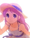  1girl bare_shoulders closed_mouth copyright_request dress hat long_hair looking_at_viewer pink_hair sekina simple_background smile solo straw_hat sundress upper_body violet_eyes white_background 
