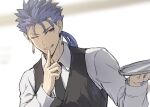  1boy ;) bangs black_neckwear black_vest blue_hair collared_shirt commentary_request cu_chulainn_(fate)_(all) earrings fate/stay_night fate_(series) finger_to_mouth grin holding holding_tray index_finger_raised jewelry lancer long_hair long_sleeves looking_at_viewer mondi_hl one_eye_closed ponytail red_eyes shirt shushing smile solo spiky_hair tray upper_body vest white_shirt 
