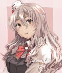  1girl absurdres brown_eyes grey_hair hagioshi hair_between_eyes hat highres kantai_collection looking_at_viewer mini_hat pola_(kantai_collection) red_neckwear shirt solo thick_eyebrows tilted_headwear two-tone_background upper_body wavy_hair white_headwear white_shirt 