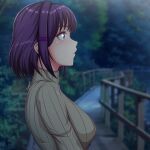  1girl alternate_hair_length alternate_hairstyle artist_name beige_sweater blurry blurry_background commentary depth_of_field doki_doki_literature_club english_commentary expressionless from_side hair_ornament hairclip highres kanarin6 looking_away outdoors profile purple_hair railing ribbed_sweater short_hair solo sweater turtleneck turtleneck_sweater upper_body violet_eyes yuri_(doki_doki_literature_club) 