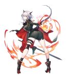  1girl absurdres arknights ass augetsix black_skirt boots dragon_girl dragon_horns dragon_tail fire highres holding holding_sword holding_weapon horns looking_at_viewer looking_back medium_hair shorts silver_hair skirt sword tail talulah_(arknights) weapon white_background 