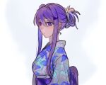  1girl alternate_costume bang blush doki_doki_literature_club finger_gun floral_print flower hair_flower hair_ornament hair_up hairclip japanese_clothes kimono lily_(flower) long_hair looking_away lowres print_kimono purple_hair shibe sidelocks simple_background solo sora_(efr) upper_body violet_eyes white_background yuri_(doki_doki_literature_club) 