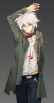  1boy arm_on_head arm_up bangs belt black_belt black_pants collarbone commentary_request cowboy_shot dangan_ronpa gradient gradient_background green_jacket grey_background grey_eyes grey_hair hair_between_eyes hand_in_pocket hood hooded_jacket io_(sinking=carousel) jacket komaeda_nagito long_sleeves looking_at_viewer male_focus messy_hair midriff_peek open_clothes open_jacket pants print_shirt shirt short_hair simple_background skull_ornament smile solo super_dangan_ronpa_2 white_hair white_shirt 