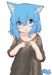  1girl absurdres animal_ear_fluff animal_ears aoi_tori bangs black_shirt blue_eyes blue_hair blush cat_ears cat_girl cat_tail collarbone eyebrows_visible_through_hair food food_in_mouth hair_between_eyes hands_up highres long_hair looking_at_viewer mouth_hold original pocky shirt short_sleeves simple_background solo tail upper_body white_background 