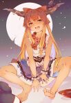  1girl bangs bare_legs barefoot belt between_legs blue_ribbon blue_skirt blush bow broken_moon chain cuffs cup drunk frilled_cuffs frown full_moon gourd hair_bow hair_ribbon hand_between_legs highres horn_ornament horn_ribbon horns ibuki_suika immaterial_and_missing_power indian_style long_hair moon multicolored multicolored_clothes multicolored_skirt neckerchief nose_blush oni orange_eyes orange_hair pyramid_(geometry) red_neckwear ribbon sakazuki shackles shards shirt sidelocks sitting skirt sleeveless sleeveless_shirt solo spread_legs tamiku_(shisyamo609) torn_clothes torn_sleeves touhou tress_ribbon very_long_hair white_ribbon white_shirt white_skirt wrist_cuffs 