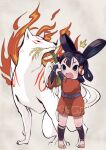  2girls amaterasu biting crossover fire fox multiple_girls ookami_(game) p_answer rice sakuna-hime sandals simple_background tensui_no_sakuna-hime 