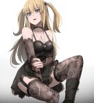  1girl amane_misa black_dress blonde_hair blue_eyes boots choker closed_mouth death_note detached_sleeves dress garter_straps gothic highres jewelry jourd4n lipstick long_hair looking_at_viewer makeup necklace sitting solo thigh-highs thighhighs_under_boots two_side_up 