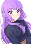  1girl absurdres aikatsu! aikatsu!_(series) black_sweater blush closed_mouth eyebrows_visible_through_hair highres hikami_sumire long_hair long_sleeves looking_at_viewer purple_hair sekina simple_background smile solo sweater upper_body violet_eyes white_background 