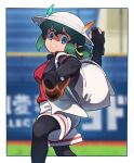  1girl arm_up backpack bag ball bangs baseball baseball_mitt black_border black_jacket black_legwear blue_eyes blurry blurry_background border commentary day depth_of_field from_side frown green_hair grimace hair_ribbon hat_feather helmet highres holding holding_ball jacket kaban_(kemono_friends) kazue_nishiki kemono_friends legwear_under_shorts long_sleeves looking_at_viewer medium_hair older outdoors outside_border pantyhose pith_helmet red_shirt ribbon shirt short_over_long_sleeves short_ponytail short_sleeves shorts solo standing throwing white_headwear white_shorts yellow_ribbon 