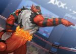  absurdres black_fur blurry blurry_background claws clenched_teeth commentary_request dutch_angle fire furry gen_7_pokemon green_eyes hand_up highres incineroar korean_commentary monitor pointing pokemon pokemon_(creature) sharp_teeth sparkle standing tail teeth traver009 wrestling_ring yellow_sclera 