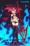  1girl absurdres bare_shoulders belt black_footwear black_gloves blue_fire boots breasts collar commentary crossed_legs demon_girl demon_tail demon_wings disgaea earrings etna fire full_body gloves high_heel_boots high_heels highres jewelry looking_at_viewer makai_senki_disgaea micro_shorts planted_weapon pointy_ears polearm red_eyes red_legwear redhead rtil shorts skull_earrings small_breasts solo spear standing tail thigh-highs thigh_boots thigh_gap thighhighs_under_boots twintails watson_cross weapon white_belt wings 