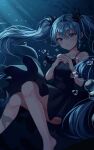  1girl absurdres air_bubble bare_legs barefoot black_dress blue_eyes blue_hair blush bubble dress earrings fingers_together floating hatsune_miku highres jewelry long_hair shinkai_shoujo_(vocaloid) twintails u-ni_(artuni) underwater vocaloid 
