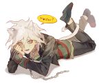  1boy animal_ears bangs black_footwear black_jacket black_pants cat_ears cat_tail chain cheek_rest collar collarbone commentary_request cropped_jacket dangan_ronpa dangan_ronpa_3 feet_up green_shirt hair_between_eyes io_(sinking=carousel) jacket kemonomimi_mode komaeda_nagito long_sleeves looking_at_viewer lying male_focus metal_collar on_stomach open_mouth pants red_shirt shirt shoes simple_background solo speech_bubble striped striped_shirt tail two-tone_shirt whisker_markings white_background 