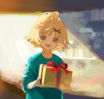  1girl blonde_hair blue_shirt box gift gift_box hair_ornament kouka_(mrakano5456) open_mouth original shirt short_hair solo violet_eyes x_hair_ornament 