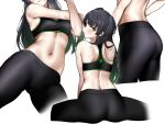  1girl armpits ass bangs black_hair black_pants black_sports_bra blunt_bangs breasts brown_eyes crop_top exercise eyebrows_visible_through_hair flexible gymnastics idolmaster idolmaster_shiny_colors liu_chi_tiantang_fr long_hair looking_at_viewer mayuzumi_fuyuko midriff navel pants solo split sports_bra spread_legs stretch sweat tight tight_pants two_side_up yoga_pants 