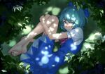  1girl :/ aqua_hair bare_legs barefoot blue_bow blue_dress blue_eyes blue_hair blue_ribbon bow cirno closed_mouth dappled_sunlight dress eyebrows_visible_through_hair fetal_position from_above grass hair_bow hand_on_own_knee highres ice ice_wings leaf looking_at_viewer losercat lying on_ground on_side outdoors pinafore_dress puffy_short_sleeves puffy_sleeves red_bow red_neckwear ribbon short_hair short_sleeves sunlight touhou wings 