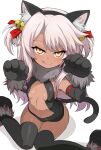  1girl animal_ears bangs bare_shoulders bell black_gloves black_legwear black_leotard blush breasts cat_ears cat_tail center_opening chloe_von_einzbern cosplay dark_skin dark-skinned_female fate/kaleid_liner_prisma_illya fate_(series) fur_collar gloves highres illyasviel_von_einzbern illyasviel_von_einzbern_(cosplay) jingle_bell leotard licking_lips long_hair looking_at_viewer navel paw_gloves paw_shoes paws pink_hair shimejinameko shoes simple_background sitting small_breasts smile tail thigh-highs tongue tongue_out two_side_up wariza white_background yellow_eyes 