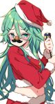  1girl alternate_costume bangs commentary_request fake_facial_hair fake_mustache funny_glasses fur-trimmed_shirt fur_trim glasses green_eyes green_hair hair_between_eyes hair_ornament hairclip hat highres kantai_collection laco_soregashi long_hair looking_at_viewer midriff parted_bangs party_popper red_headwear red_shirt santa_costume santa_hat shirt sidelocks simple_background solo white_background yamakaze_(kantai_collection) 