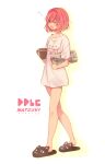  1girl ;o alternate_costume bangs casual cat_slippers character_name clothes_writing copyright_name cup doki_doki_literature_club fang full_body hair_down holding holding_cup mug natsuki_(doki_doki_literature_club) newspaper no_pants one_eye_closed pink_hair shirt short_hair simple_background sleepy slippers solo sora_(efr) walking white_background white_shirt yawning 