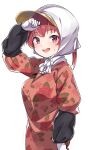  1girl alternate_costume bandana bangs blush breasts eyebrows_visible_through_hair floral_print gloves hat highres hololive houshou_marine japanese_clothes konnyaku_(kk-monmon) long_sleeves open_mouth red_eyes redhead shading_eyes simple_background solo sweat virtual_youtuber white_background white_gloves 