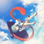  1girl bangs bird blue_dress blue_eyes blue_hair blue_sky brown_footwear clouds dress full_body geta heterochromia holding holding_umbrella karakasa_obake long_sleeves open_mouth outdoors purple_umbrella red_eyes shirt short_hair sky solo tatara_kogasa ti_owo tongue touhou umbrella white_shirt youkai 