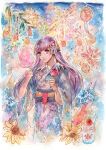  1girl absurdres candy_apple commission commissioner_upload cotton_candy fire_emblem fire_emblem:_the_binding_blade fireworks fish flower food hair_ornament highres japanese_clothes karinpyong kimono long_hair purple_hair solo sophia_(fire_emblem) summer_festival very_long_hair violet_eyes yukata 