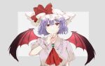  1girl aya_(21kame1984) bat_wings bow breasts brooch cravat dress grey_background hand_up hat hat_bow jewelry looking_at_viewer mob_cap pink_dress purple_hair red_bow red_eyes red_neckwear remilia_scarlet short_hair short_sleeves small_breasts solo touhou upper_body white_headwear wings wrist_cuffs 