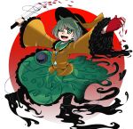  blood bow collar epic_armageddon fog green_collar hat hat_bow heart_(organ) highres holding holding_weapon knife komeiji_koishi looking_at_viewer no_feet petals shadow shirt smile third_eye touhou weapon yellow_shirt 